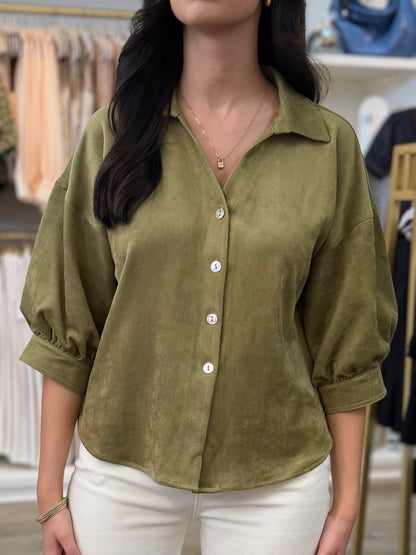 OLIVE FAUX SUEDE BLOUSON SLEEVE TOP