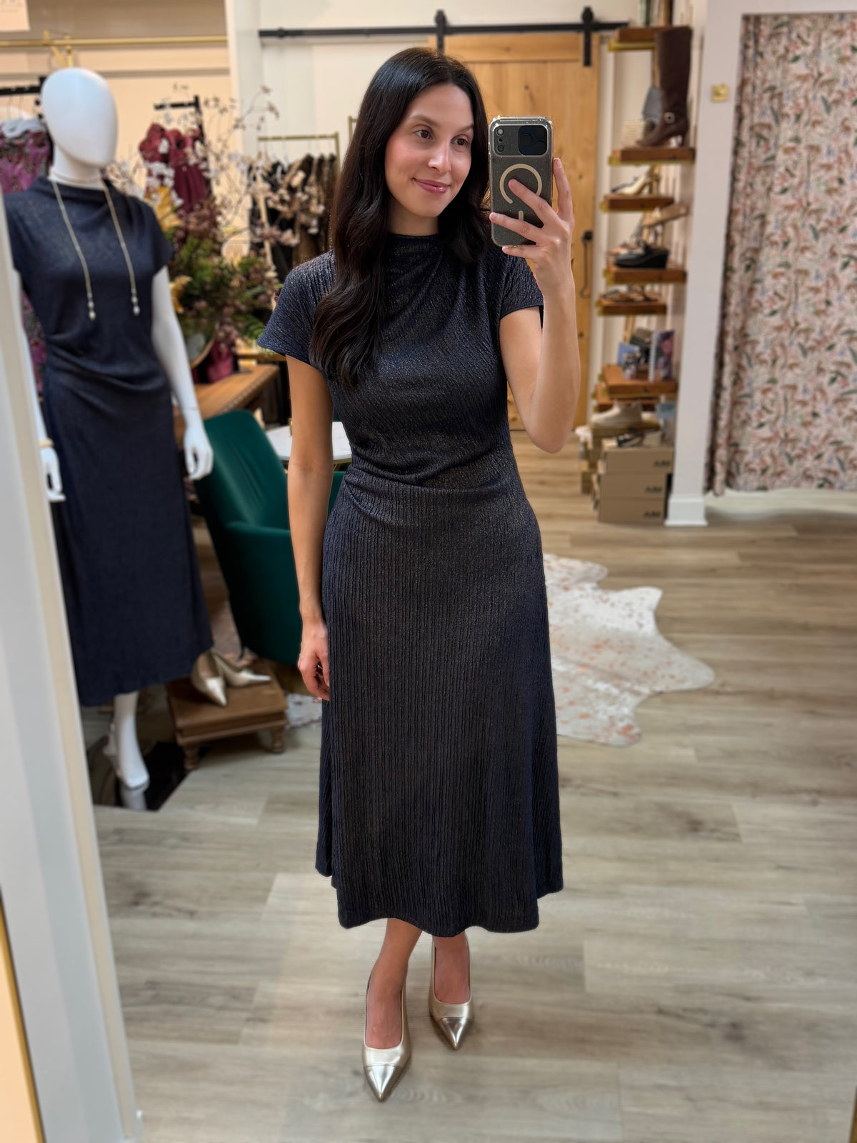 NAVY &amp; GOLD METALLIC RIBBED KNIT DRAPED MOCK NECK MIDI DRESS