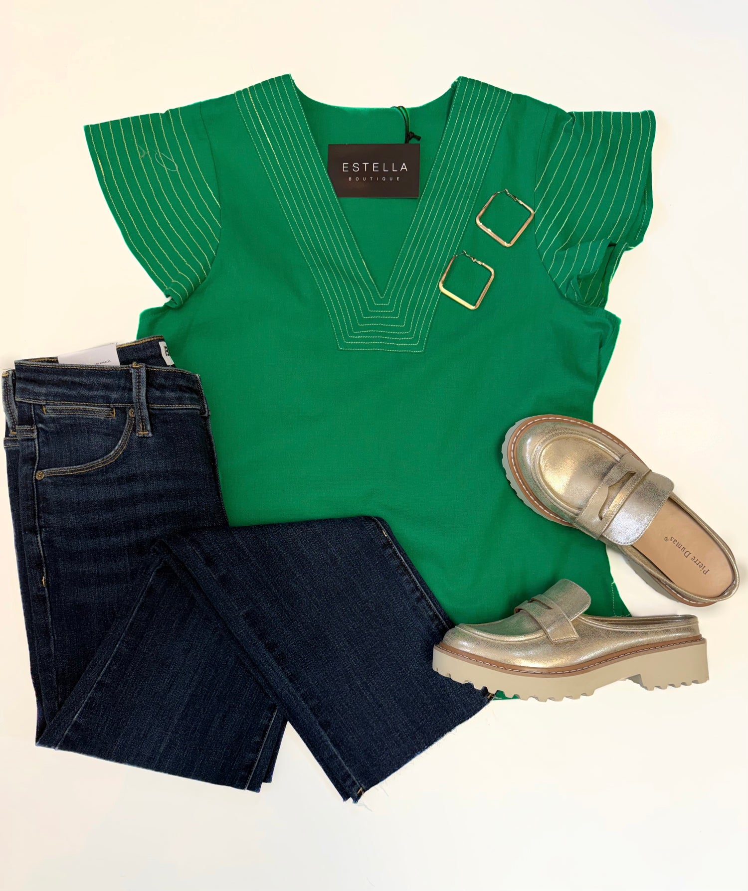 GREEN CONTRAST STITCH SHORT RUFFLE SLEEVE VNECK TOP