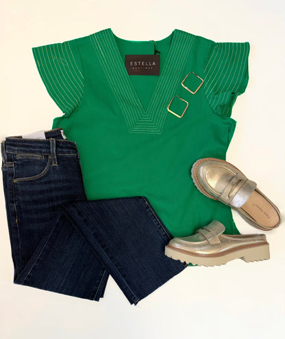 GREEN CONTRAST STITCH SHORT RUFFLE SLEEVE VNECK TOP