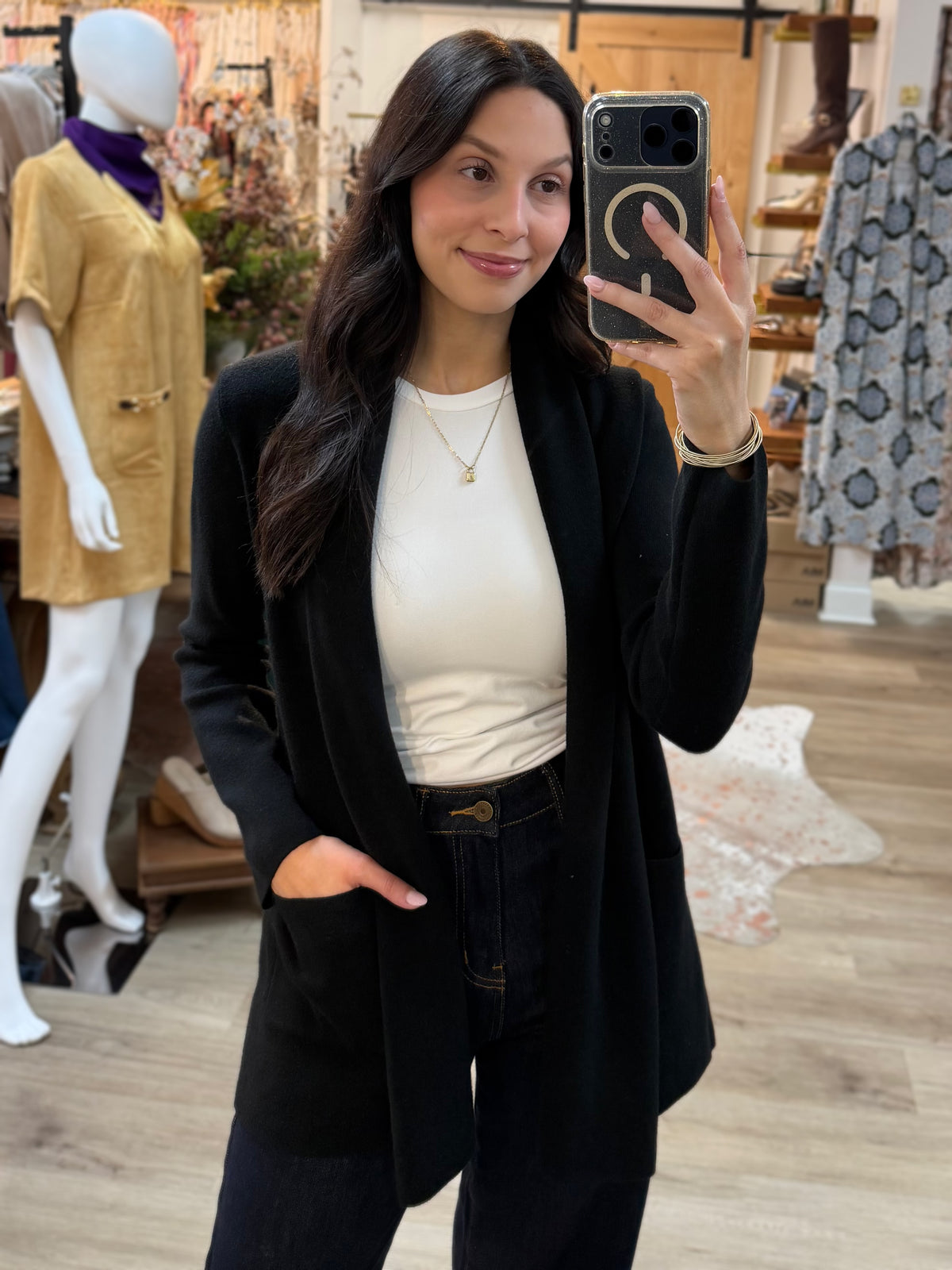 BLACK OPEN FRONT KNIT CARDIGAN SWEATER