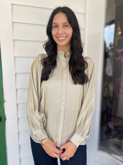 REFLECTIVE CHAMPAGNE BUTTON UP LONG BATWING SLEEVE TOP