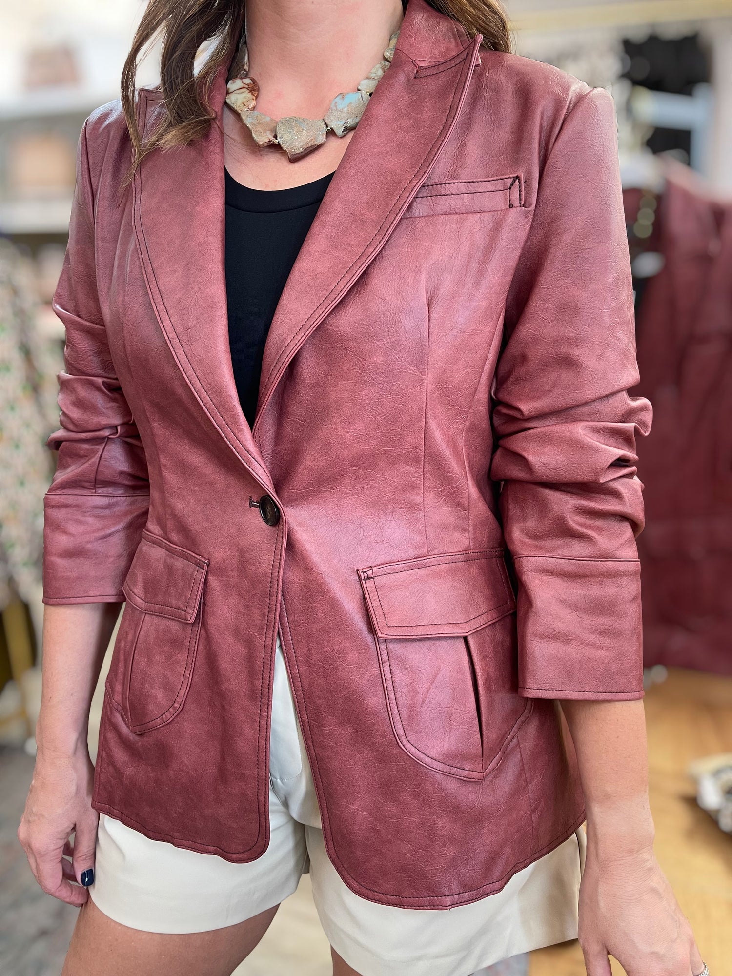 MAROON SCRUNCH SLEEVE FAUX LEATHER BLAZER