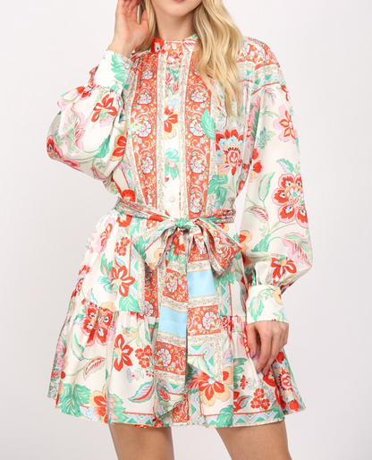CREAM MULTI SATIN FLORAL PRINT TIE WAIST BUTTON UP MINI DRESS