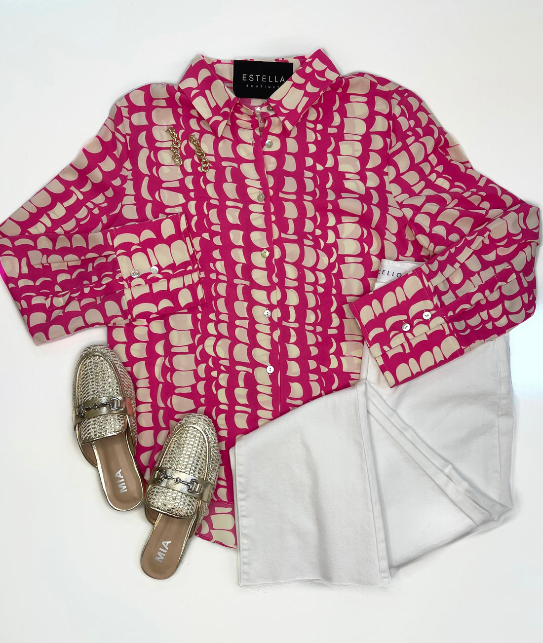 HOT PINK GEOMETRIC PRINT BUTTON DOWN TOP