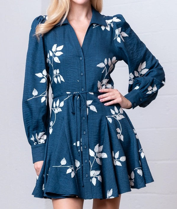 NAVY/WHITE EMBROIDERED LONG SLEEVE BUTTON DOWN MINI DRESS