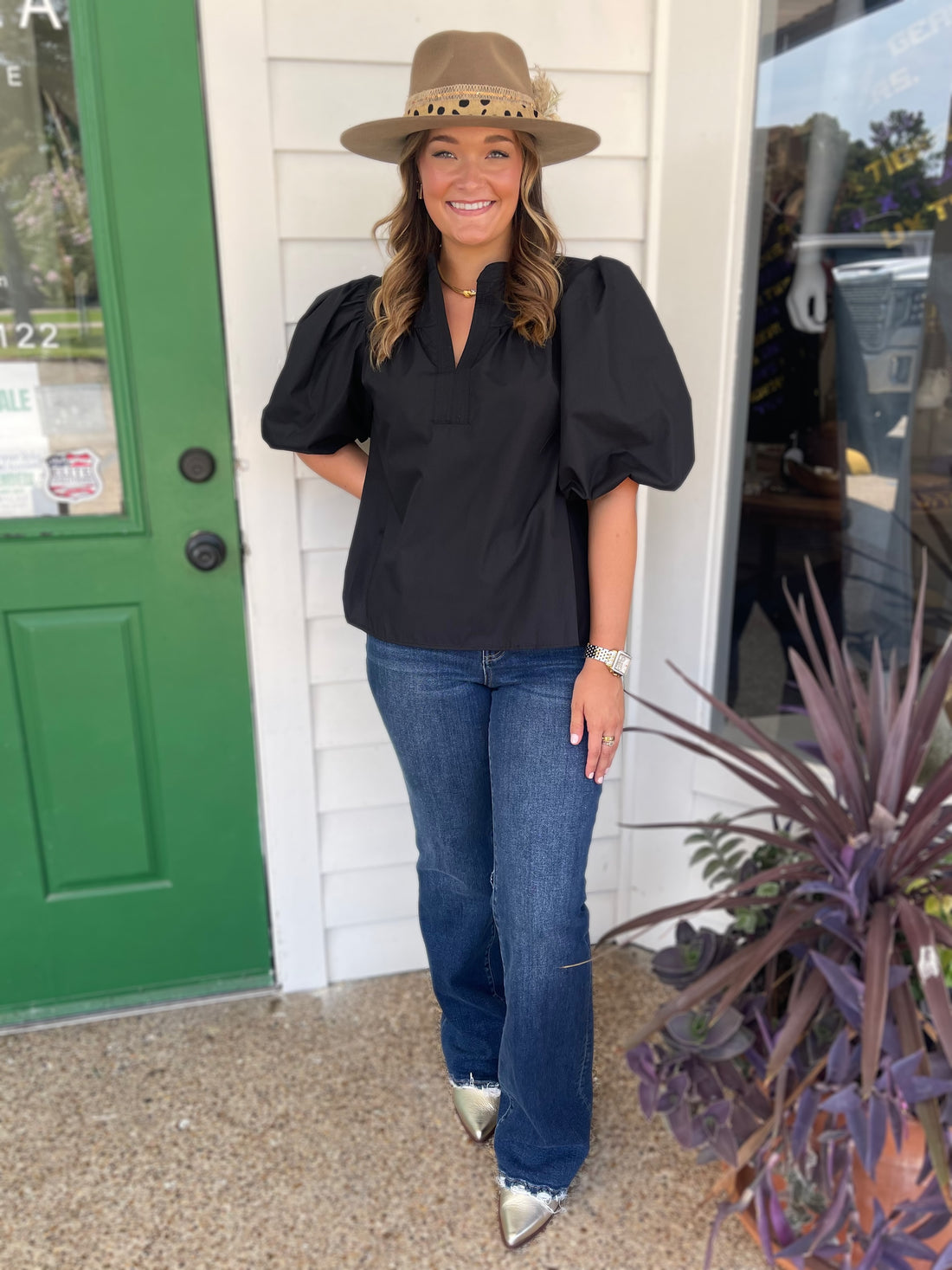 BLACK MANDARIAN COLLAR VNECK BUBBLE SLEEVE POPLIN TOP