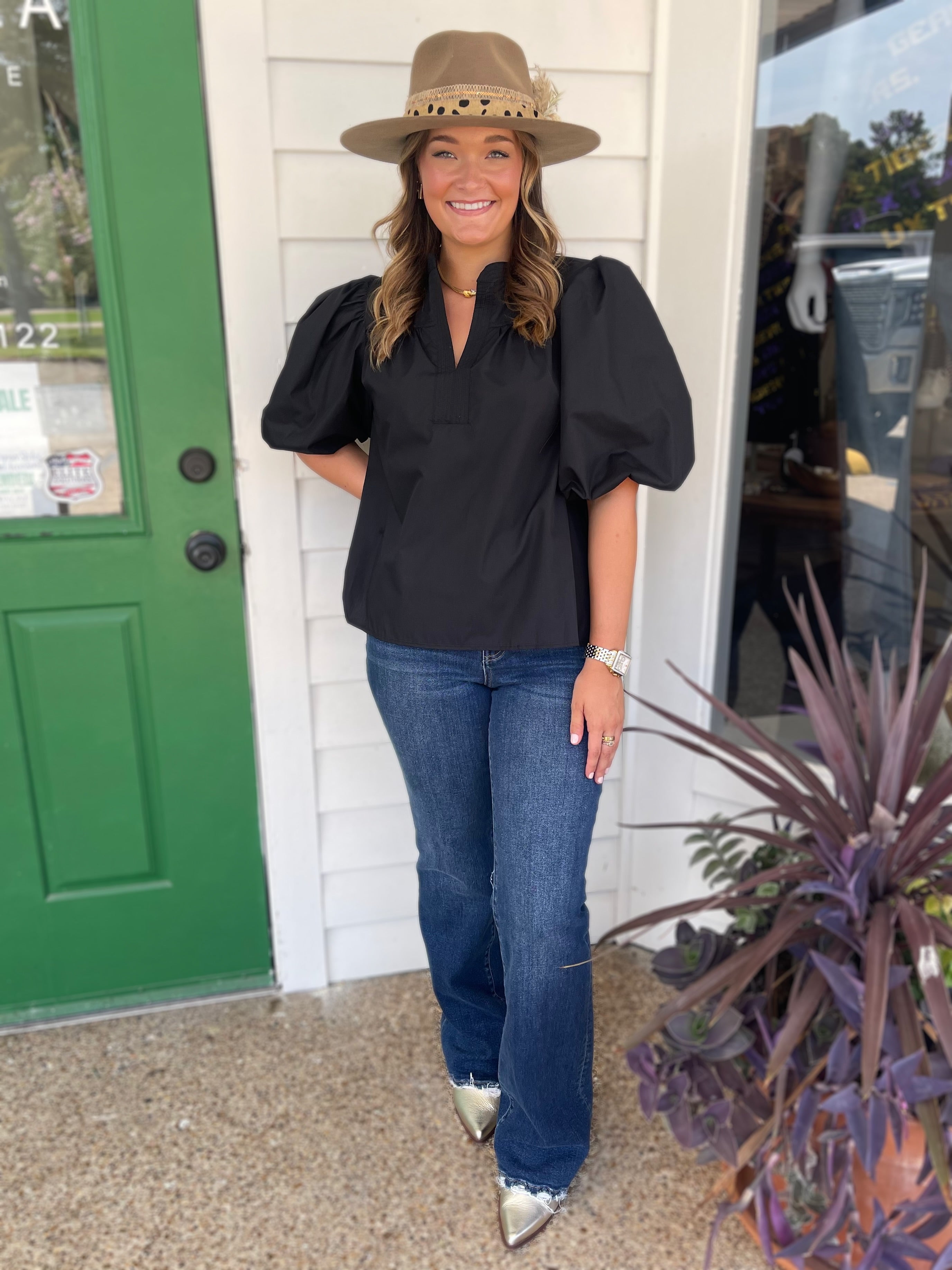 BLACK MANDARIAN COLLAR VNECK BUBBLE SLEEVE POPLIN TOP