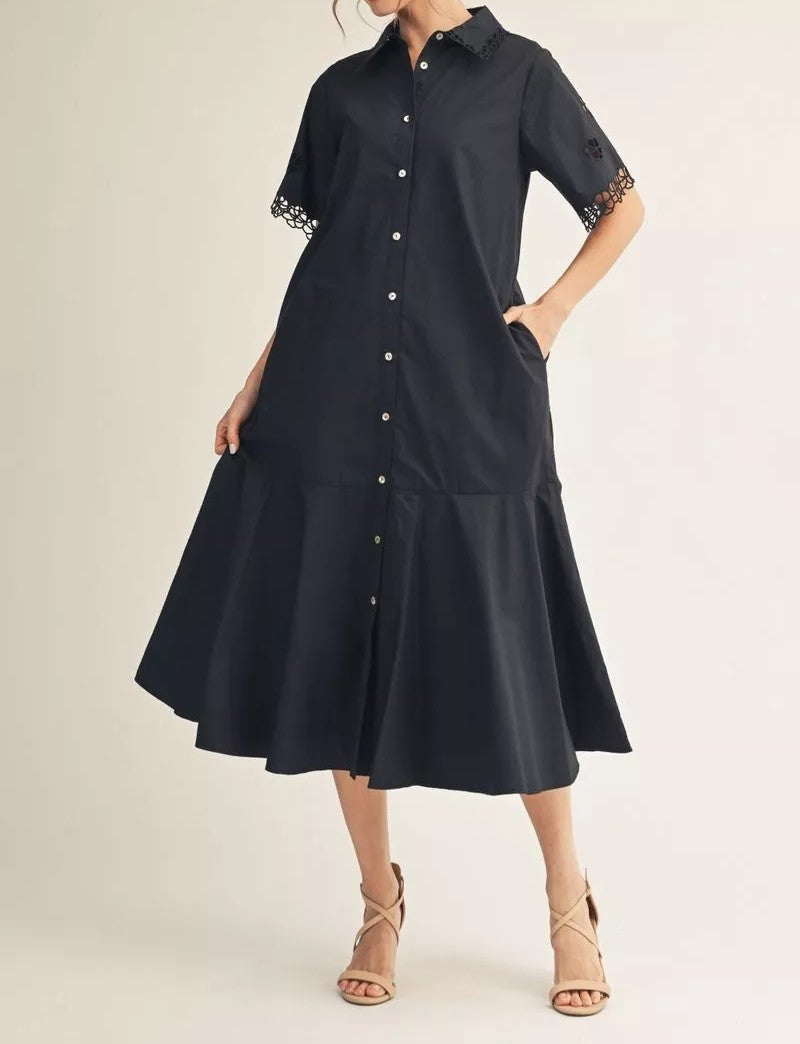 BLACK EYELET DETAIL SHORT SLEEVE BUTTON UP FLAIR HEM MIDI DRESS