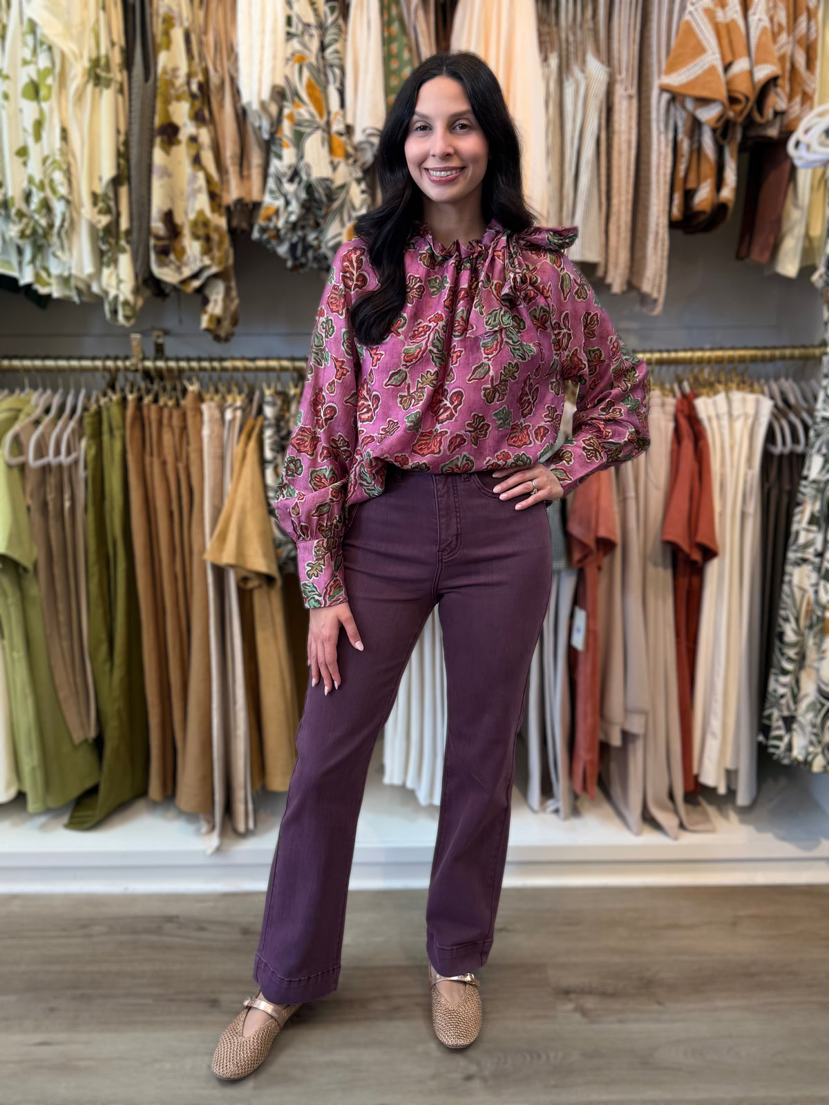 PINK LEAF PRINT RUFFLE TIE NECK LONG SLEEVE TOP
