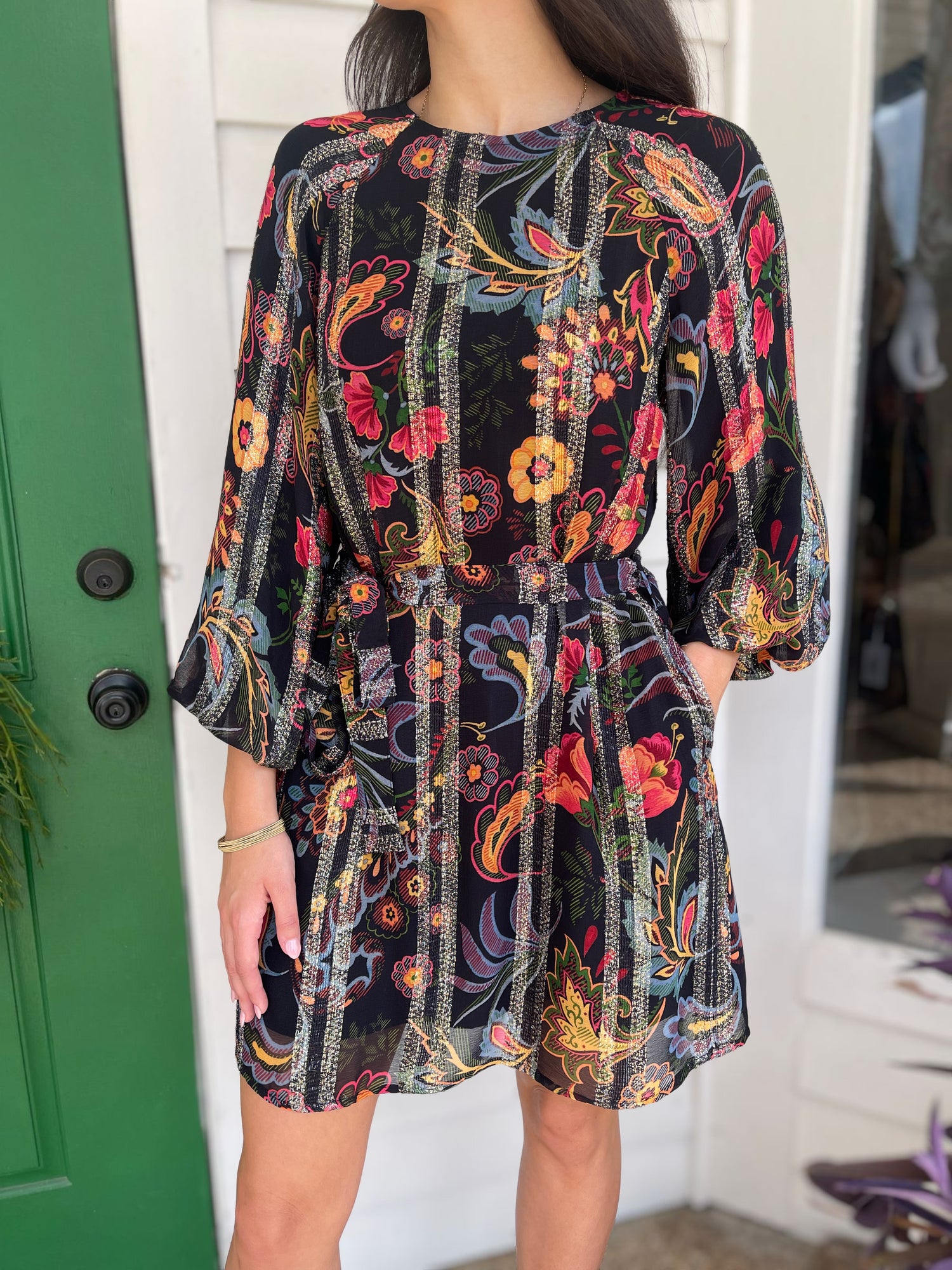 BLACK MULTI FLORAL PRINT METALLIC STRIPE LONG BUBBLE SLEEVE ODETTE MINI DRESS
