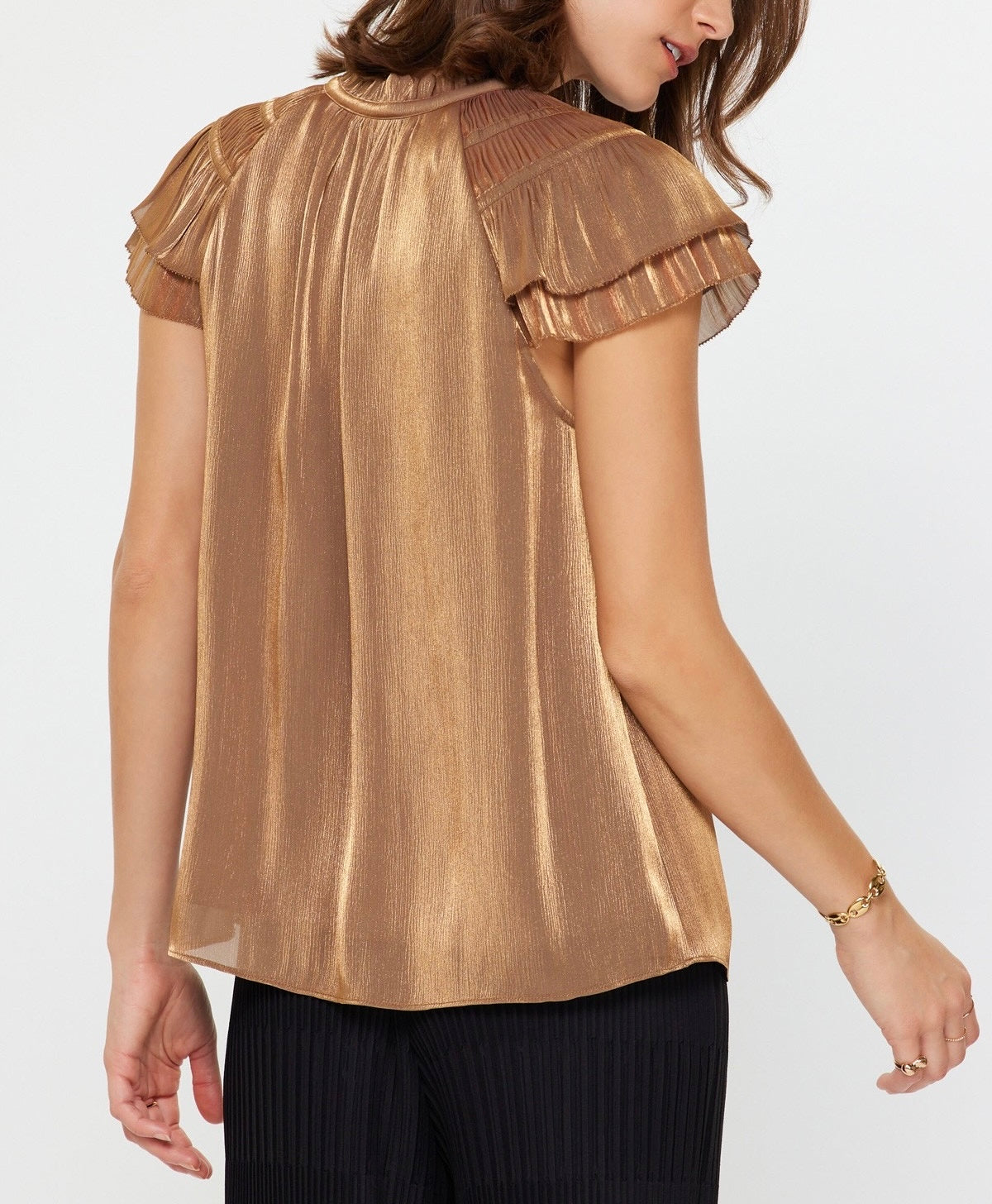 METALLIC GOLD TIE NECK RUFFLE SLEEVE TOP
