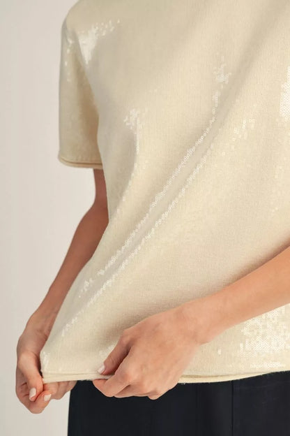 CREAM TINY SEQUIN SHORT SLEEVE SWEATER TOP