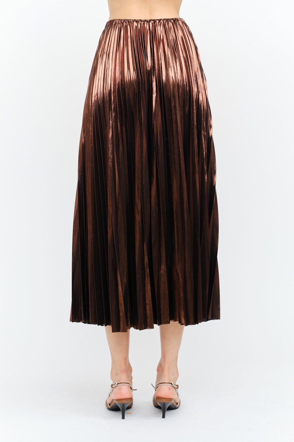 BROWN METALLIC LAME PLEATED ALESSANDRA MIDI SKIRT
