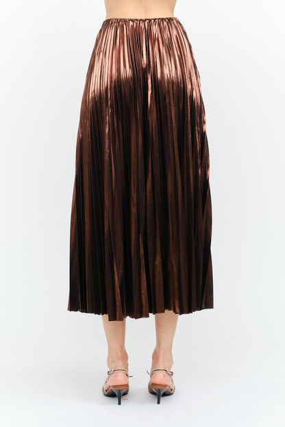 BROWN METALLIC LAME PLEATED ALESSANDRA MIDI SKIRT