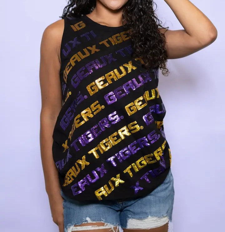 BLACK LSU &quot;GEAUX TIGERS&quot; VARSITY BLOCK LETTER SEQUIN TEE