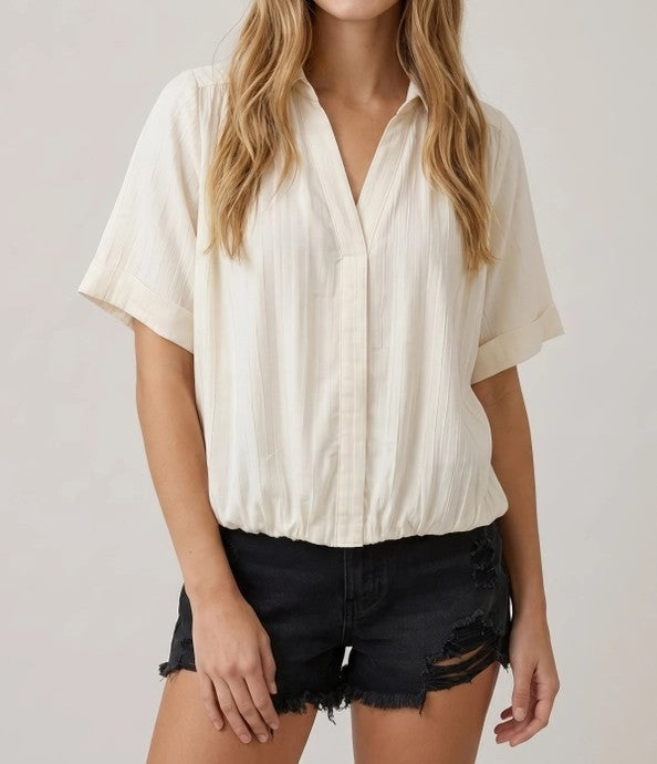 COTTON WHITE COLLARED FRONT BUBBLE SHORT SLEEVE TOP