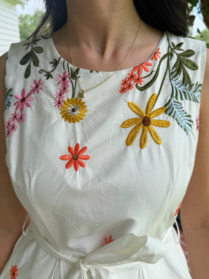 WHITE MULTI FLORAL EMBROIDERY WAIST TIE SLEEVELESS MIDI DRESS