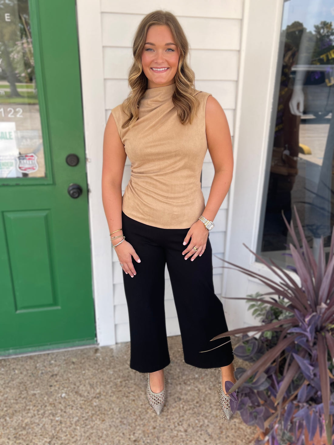 BEIGE SUEDE MOCK NECK SLEEVELESS TOP