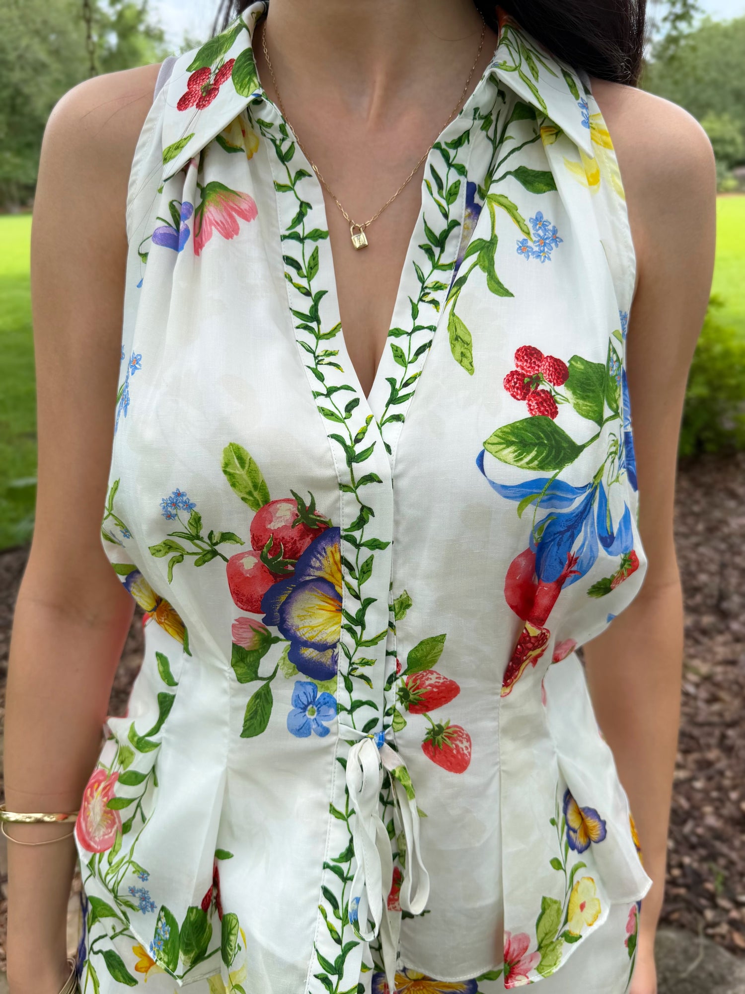MULTI COLOR FLORAL PRINT HALTER BUTTON UP SLEEVELESS WAIST TIE TOP