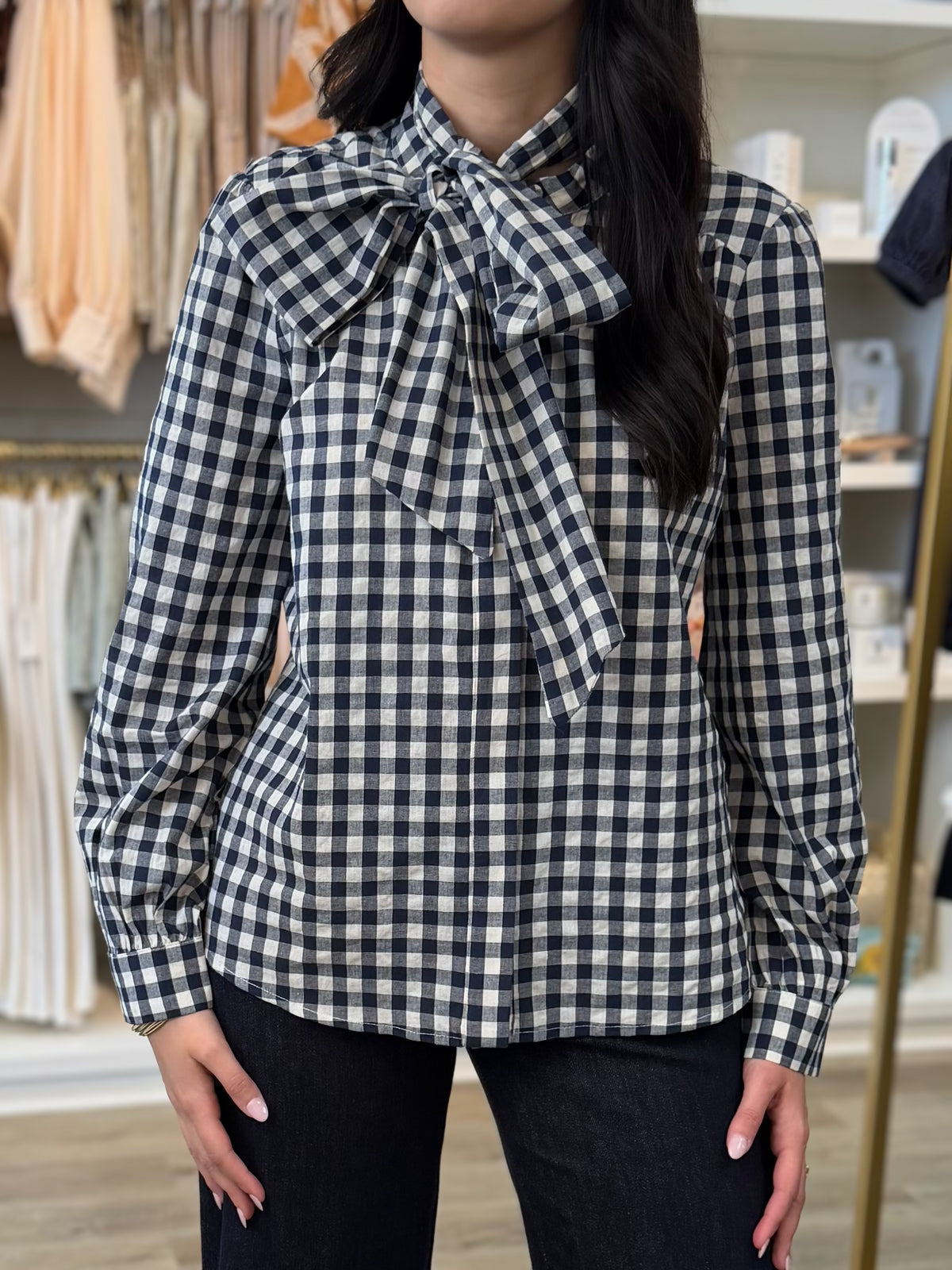 NAVY CHECK NECK TIE LONG SLEEVE BUTTON UP PARKER TOP