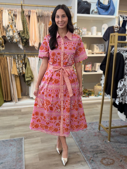 PINK/ORANGE BOTANICAL PRINT W/ STRIPE CONTRAST SHORT SLEEVE BUTTON UP SHIRT MIDI DRESS