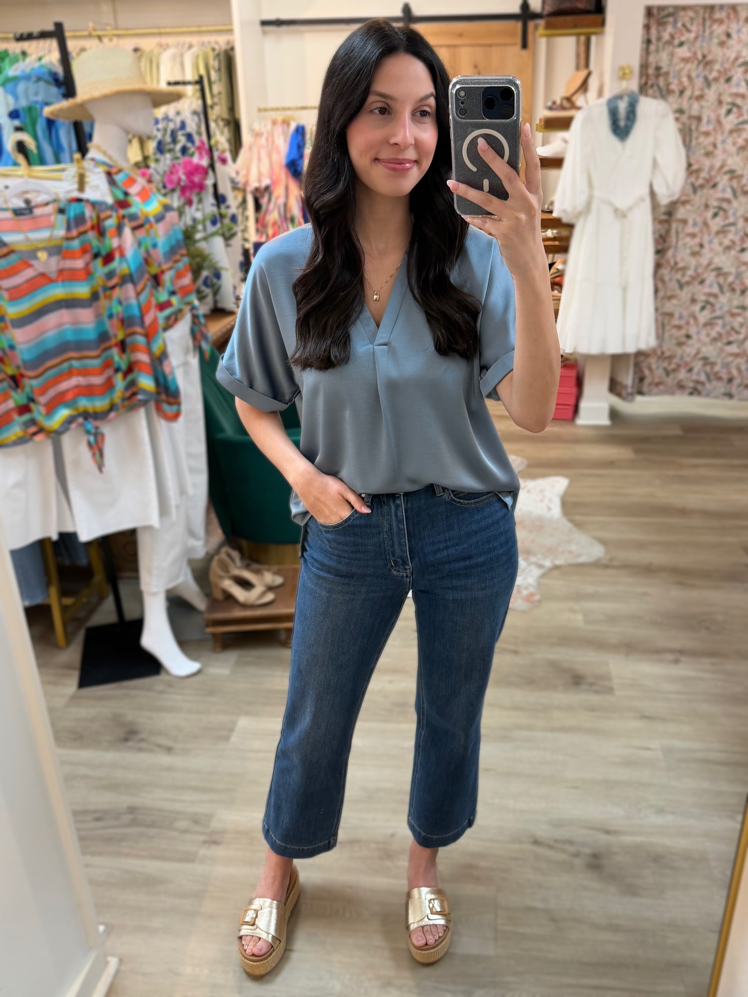 SLATE VNECK PLACKET CUFF SLEEVE BLOUSE