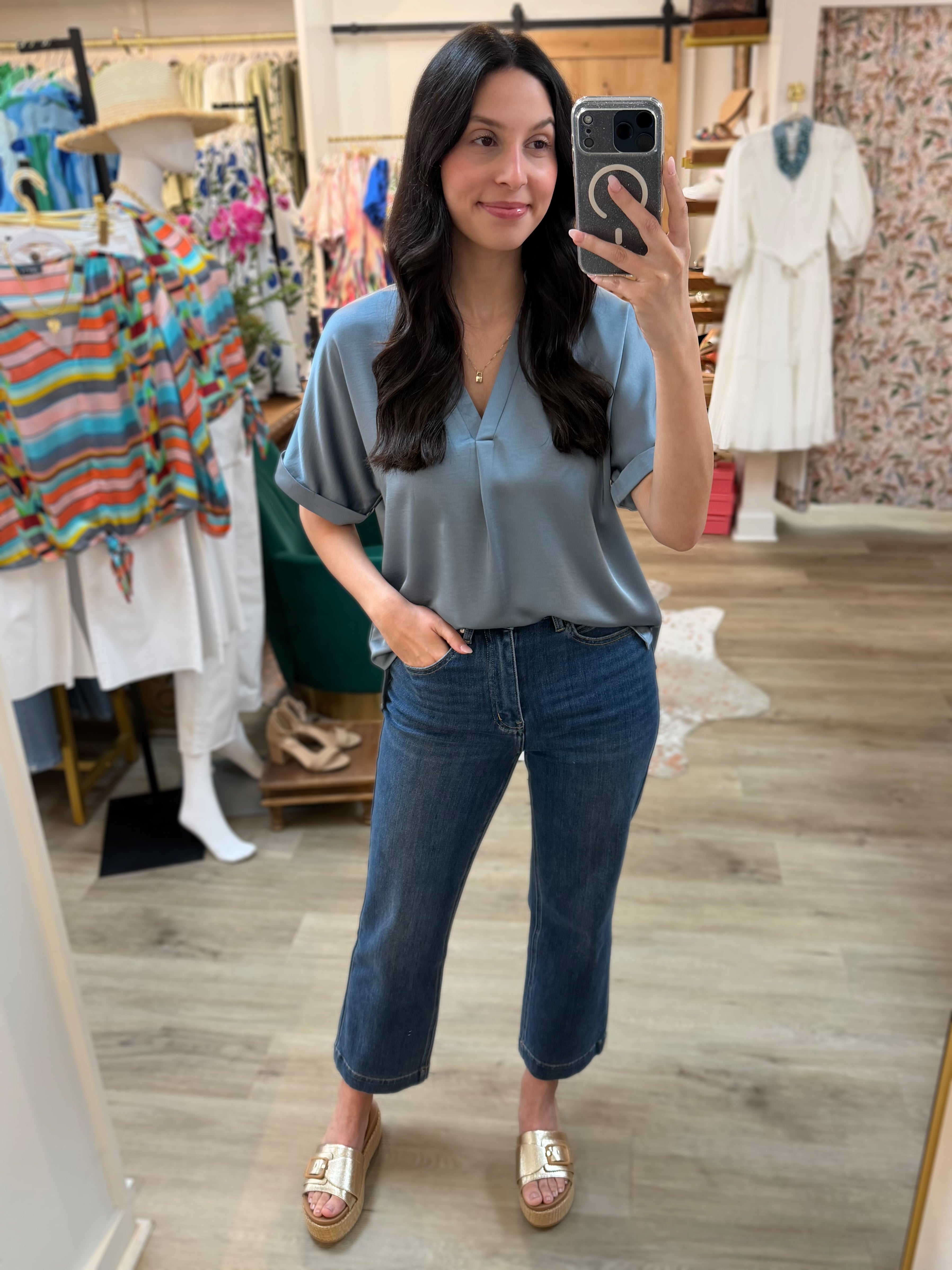 SLATE VNECK PLACKET CUFF SLEEVE BLOUSE