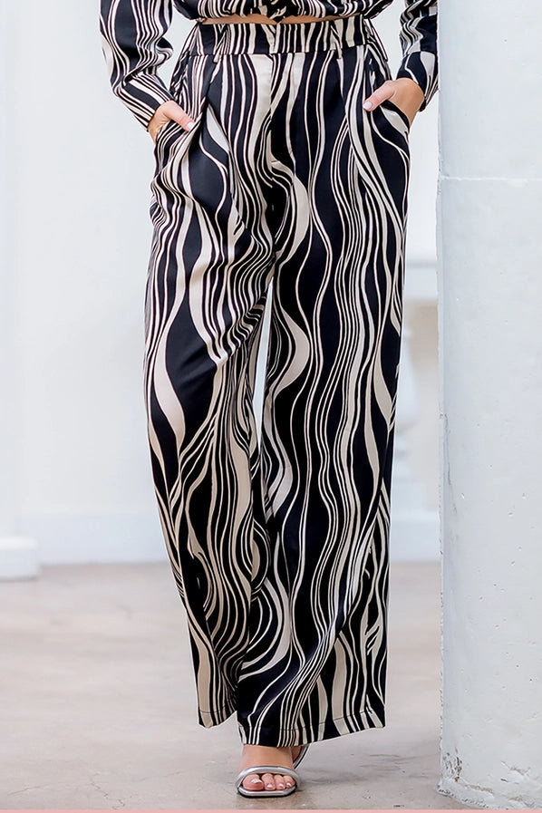 BLACK/IVORY PRINT HIGH WAISTED WIDE LEG SATIN PANTS