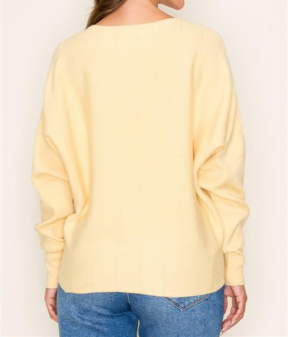 YELLOW TEXTURED BOAT NECK DOLMAN SLEEVE SWEATER