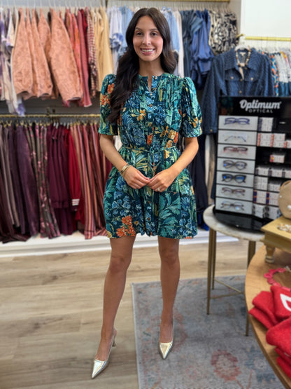 NAVY FLORAL PRINT BUTTON UP SHORT SLEEVE WAIST TASSLE TIE MINI DRESS