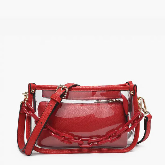 RED JESSICA CLEAR CROSSBODY PURSE WITH STRAP & CHAIN