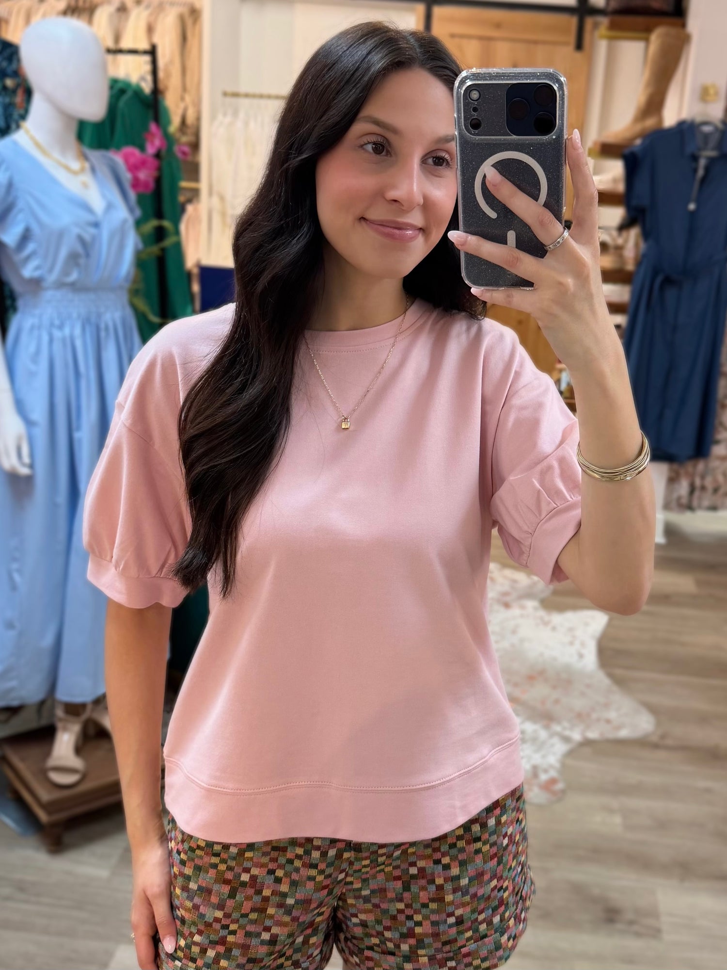 BABY PINK ROUND NECK SHORT PUFF SLEEVE TOP