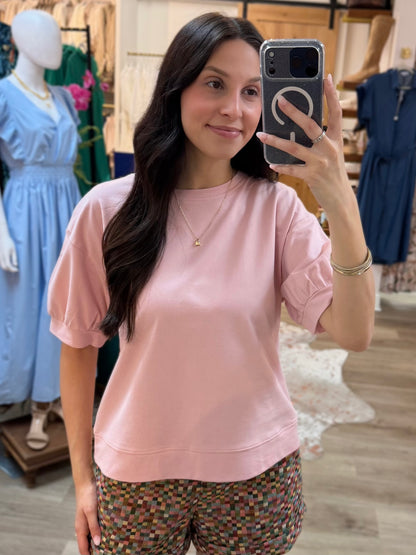 BABY PINK ROUND NECK SHORT PUFF SLEEVE TOP