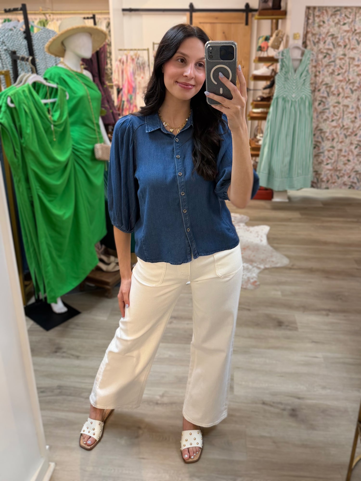 DENIM TENCEL CHAMBRAY SHORT PLEATED PUFF SLEEVE BUTTON UP TOP