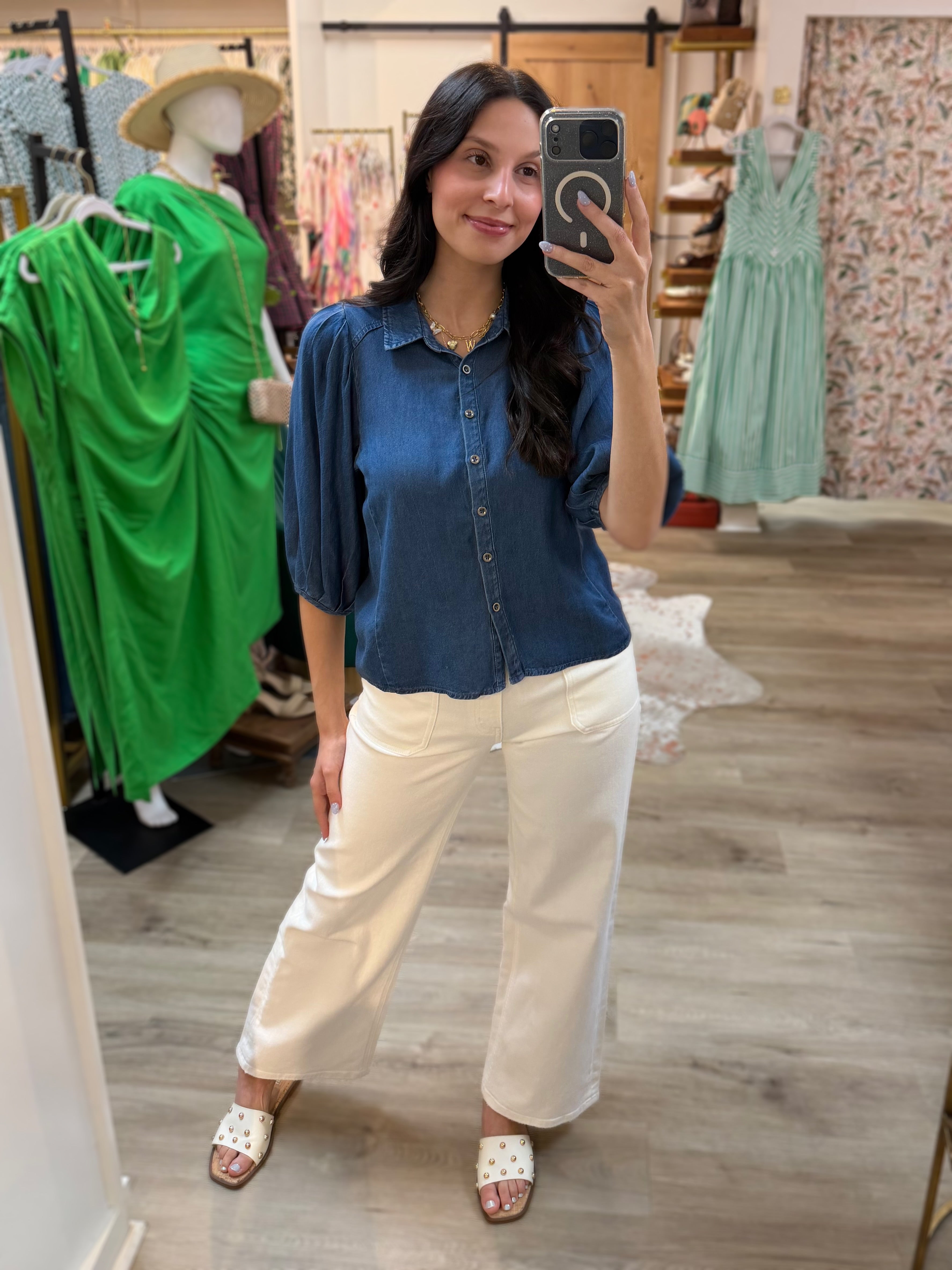 DENIM TENCEL CHAMBRAY SHORT PLEATED PUFF SLEEVE BUTTON UP TOP