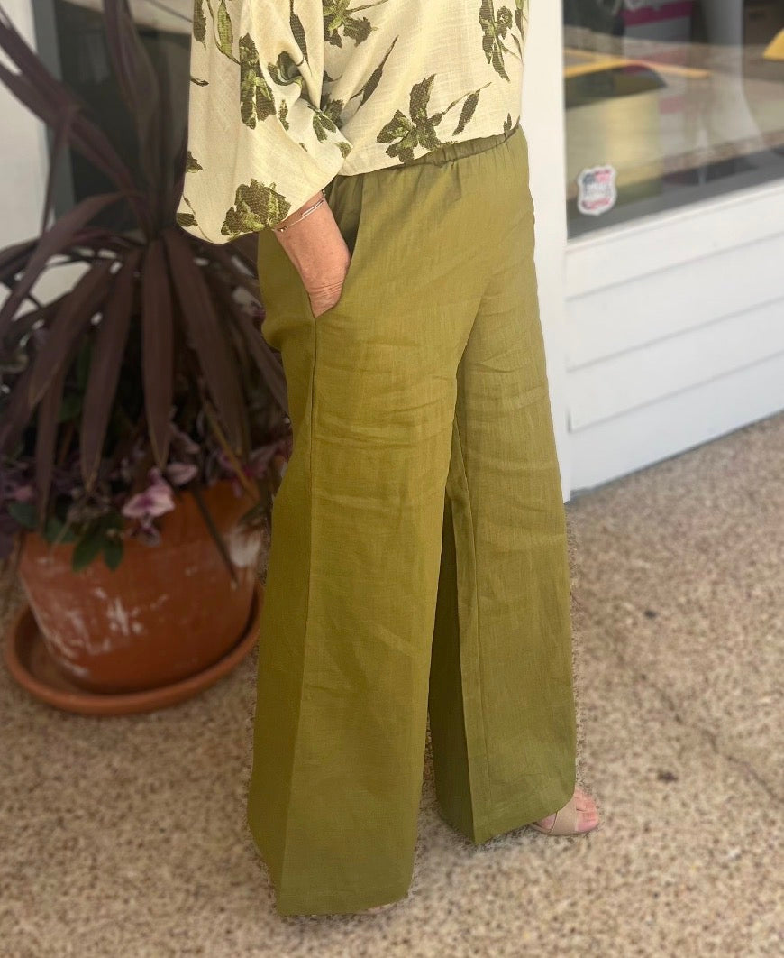 MARTINI GREEN ELASTIC WAISTBAND WIDE LEG LINEN PANTS