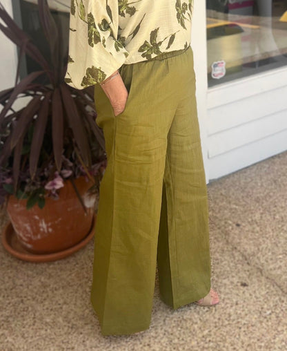 MARTINI GREEN ELASTIC WAISTBAND WIDE LEG LINEN PANTS