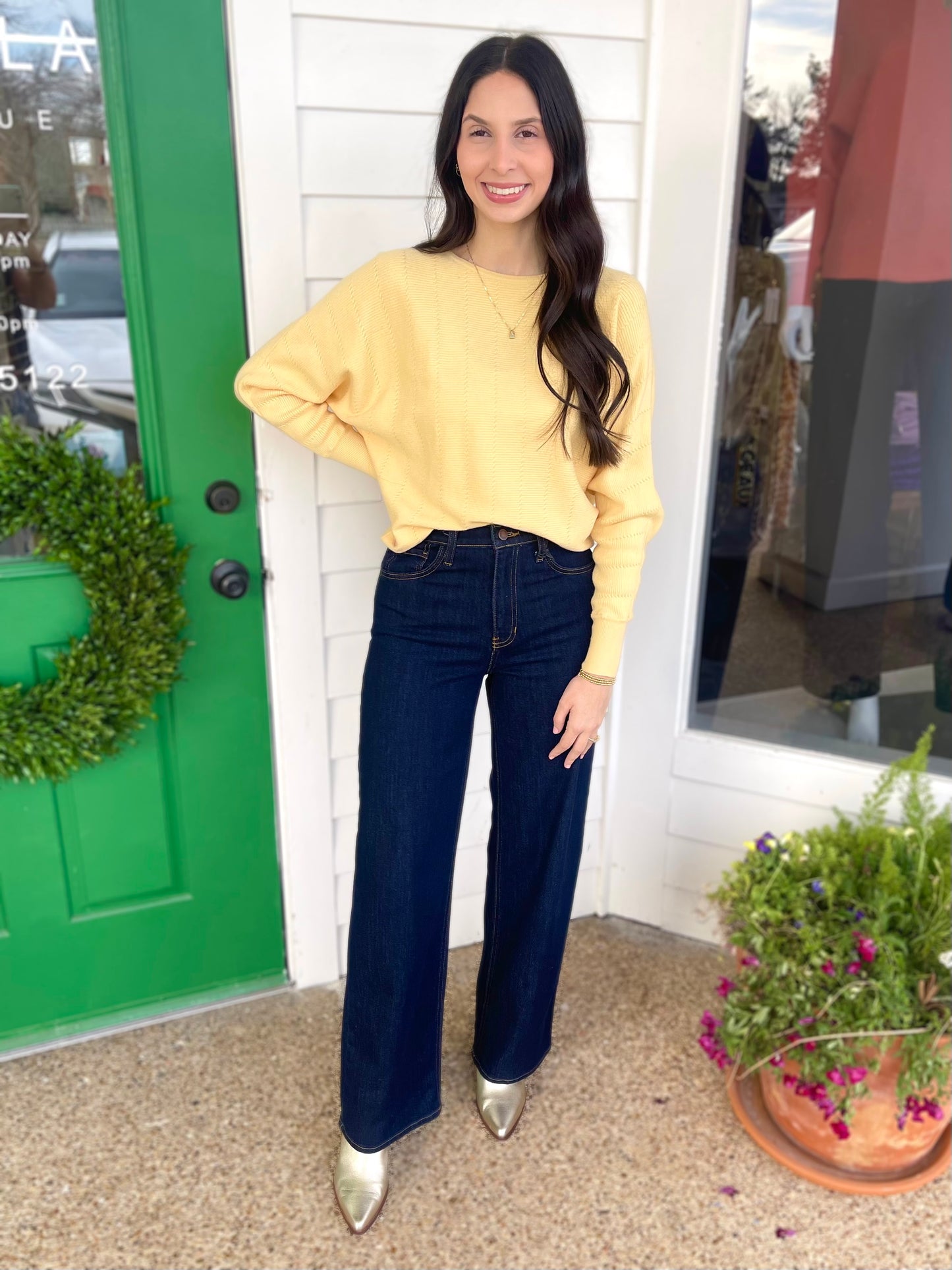 YELLOW TEXTURED BOAT NECK DOLMAN SLEEVE SWEATER