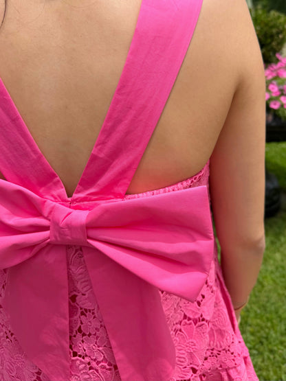 HOT PINK FLORAL EYELET BOW BACK SLEEVELESS MINI DRESS