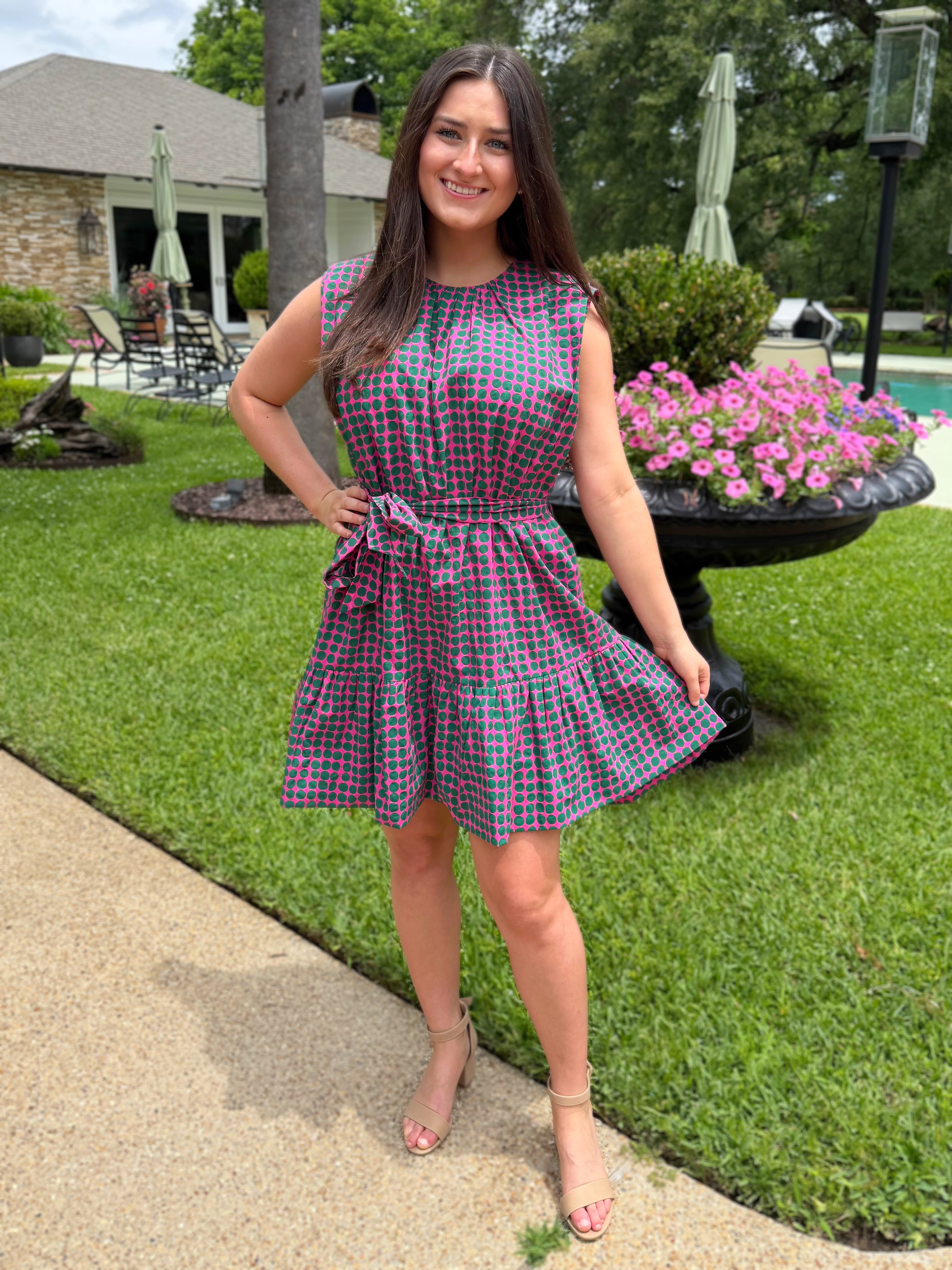 PINK &amp; GREEN POLKA DOT TIERED MINI DRESS
