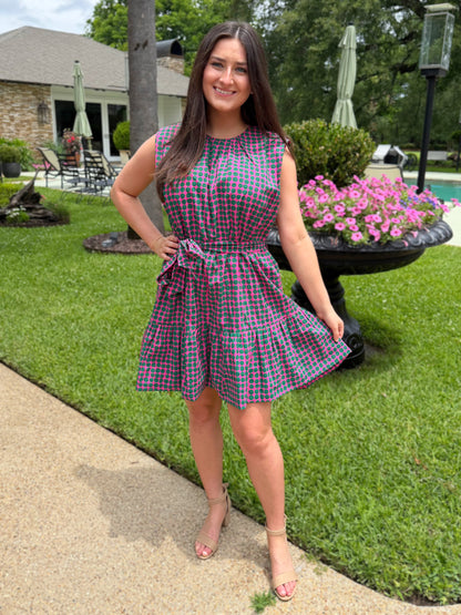 PINK &amp; GREEN POLKA DOT TIERED MINI DRESS