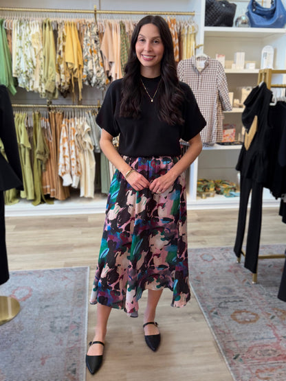 MUTLI COLOR ABSTRACT PRINT ELASTIC WAIST FLOWY MIDI SKIRT