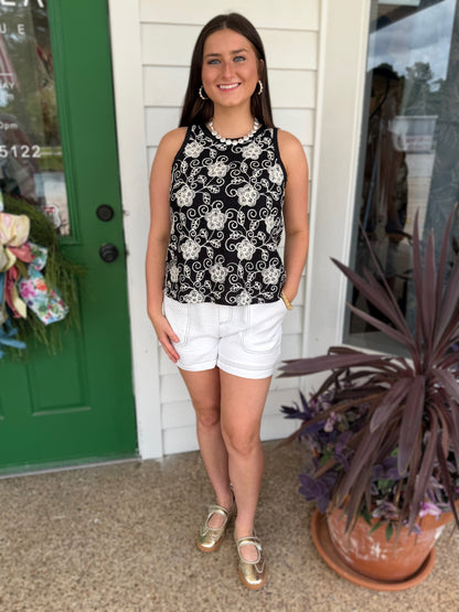 BLACK FLORAL EMBROIDERED SLEEVELESS TANK TOP