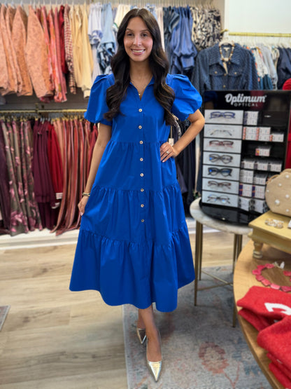 DAZZLING BLUE SHORT PUFF SLEEVE TIERED MAXI DRESS