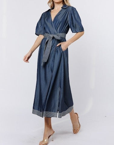 BLUE DENIM TRUE WRAP ROSANNA MIDI DRESS