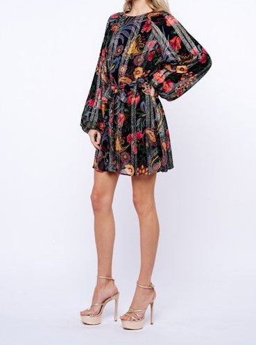 BLACK MULTI FLORAL PRINT METALLIC STRIPE LONG BUBBLE SLEEVE ODETTE MINI DRESS