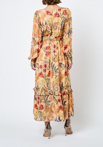 BUTTER MULTI FLORAL PRINT METALLIC STRIPE LEYN MAXI DRESS