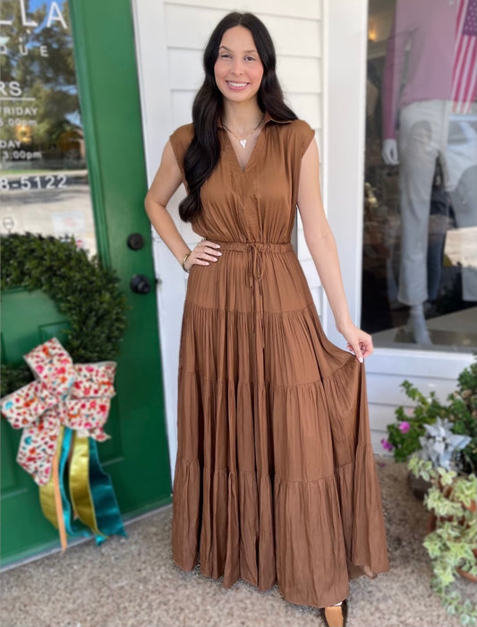 CAMEL SLEEVELESS TIERED MAXI DRESS