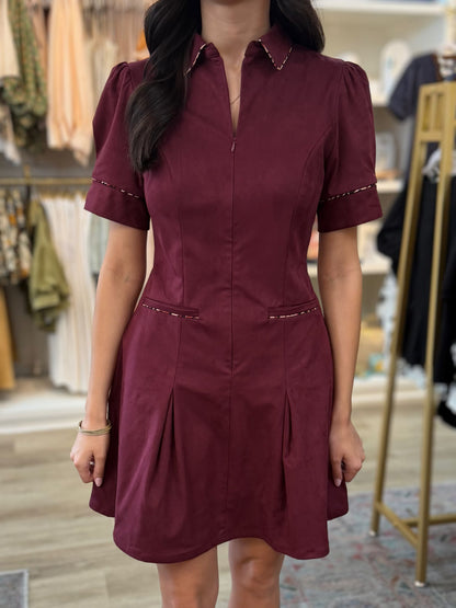 PLUM SUEDE LEOPARD PIPING PLEAT DETAIL SHORT PUFF SLEEVE MINI DRESS
